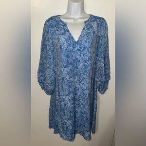 Blue and White Leaf Print long shirt Indigo Rose
